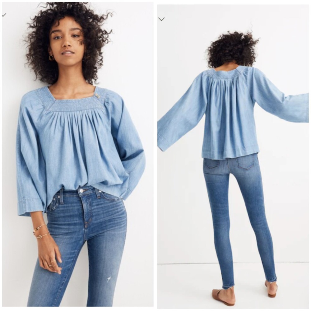 Madewell Denim Square-Neck Top Button Detail Sz Small Blue Wide Sleeves Peasant